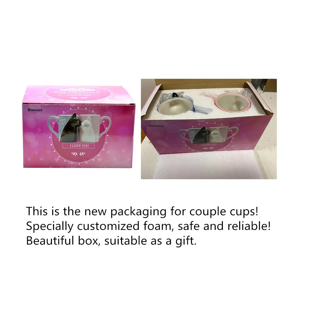 Two 3D ceramic cat couple mugs with kissing faces