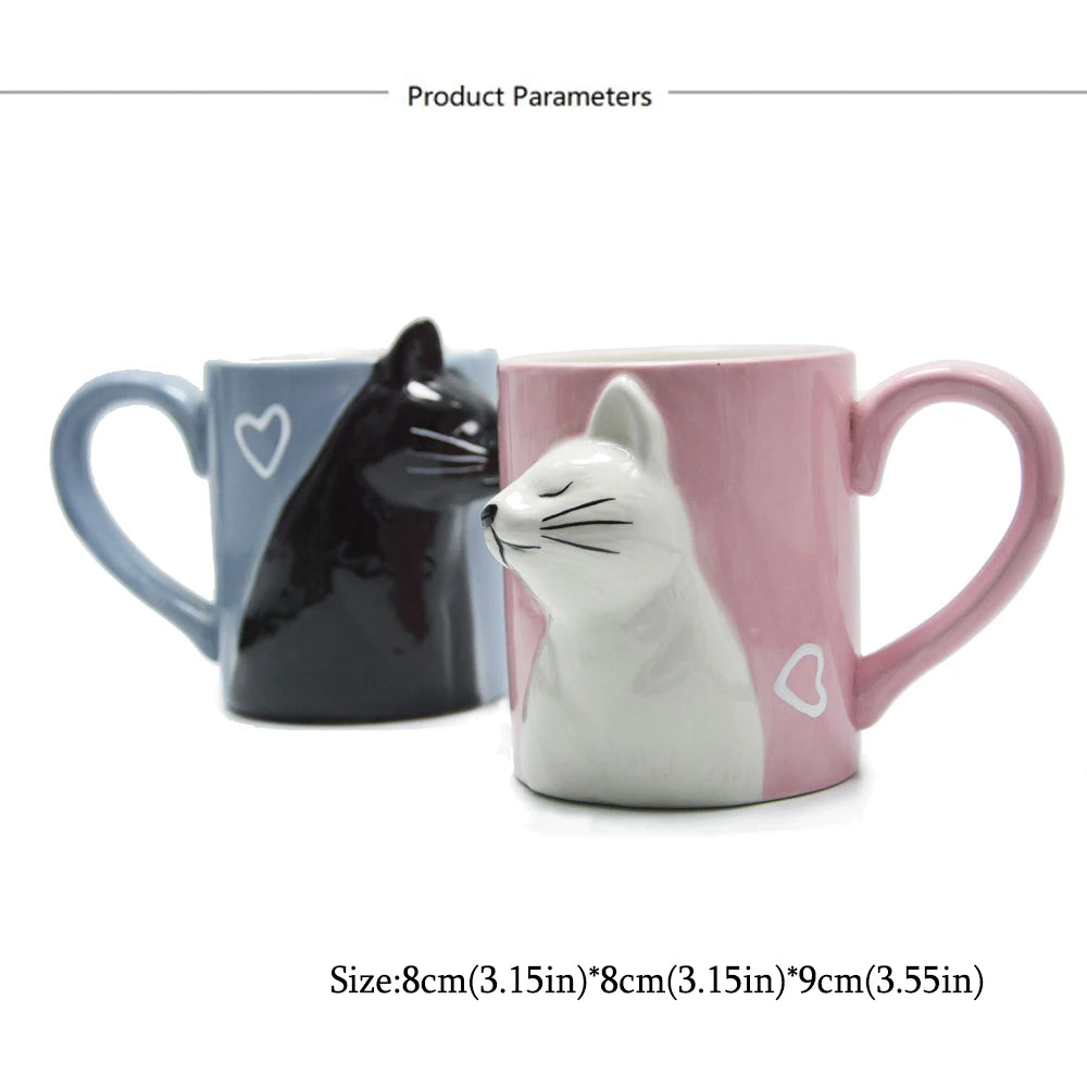Two 3D ceramic cat couple mugs with kissing faces