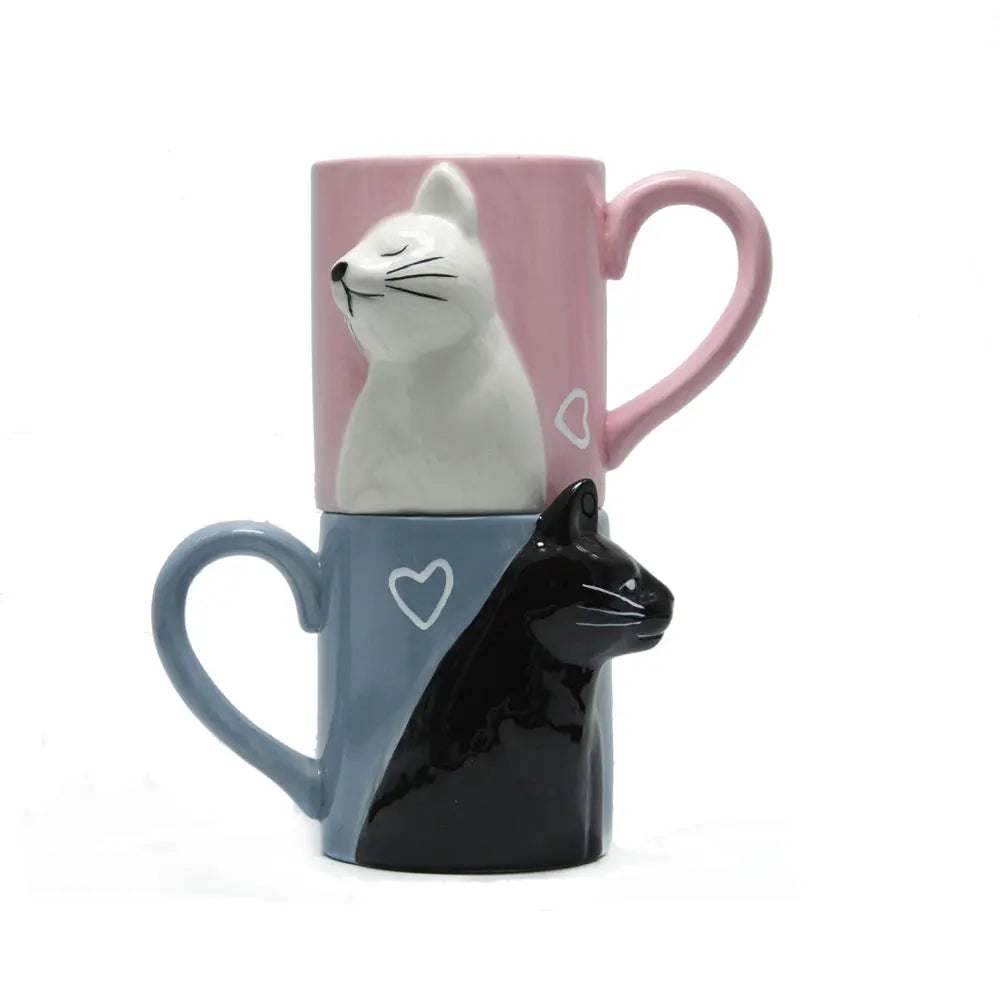 Two 3D ceramic cat couple mugs with kissing faces