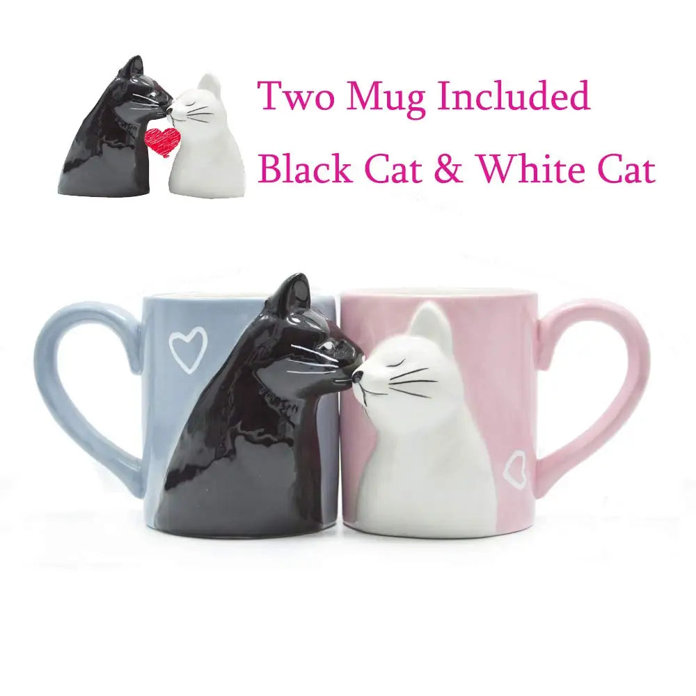 Two 3D ceramic cat couple mugs with kissing faces