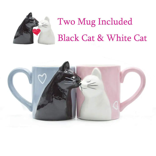 Two 3D ceramic cat couple mugs with kissing faces