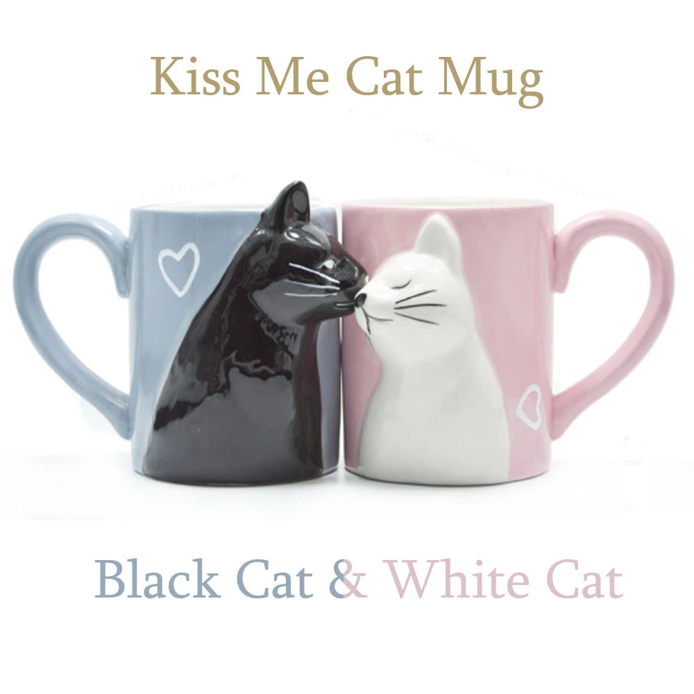Two 3D ceramic cat couple mugs with kissing faces