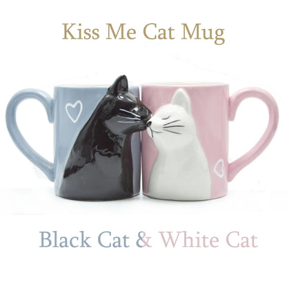 Two 3D ceramic cat couple mugs with kissing faces