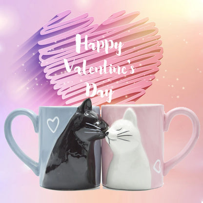 Two 3D ceramic cat couple mugs with kissing faces