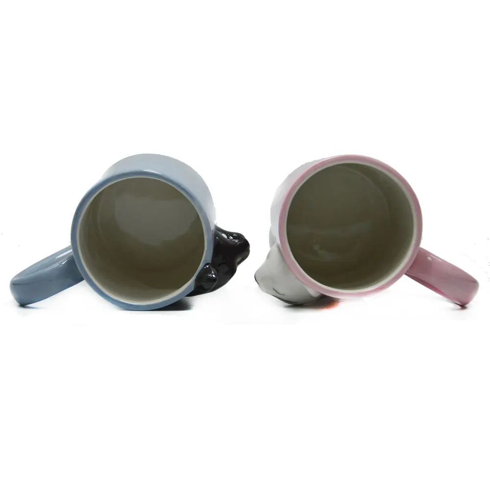 Two 3D ceramic cat couple mugs with kissing faces