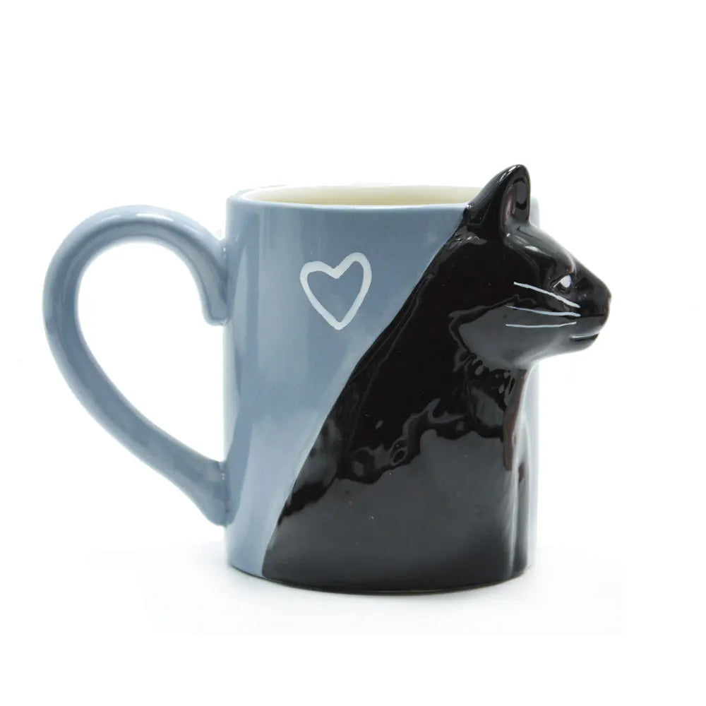 Two 3D ceramic cat couple mugs with kissing faces
