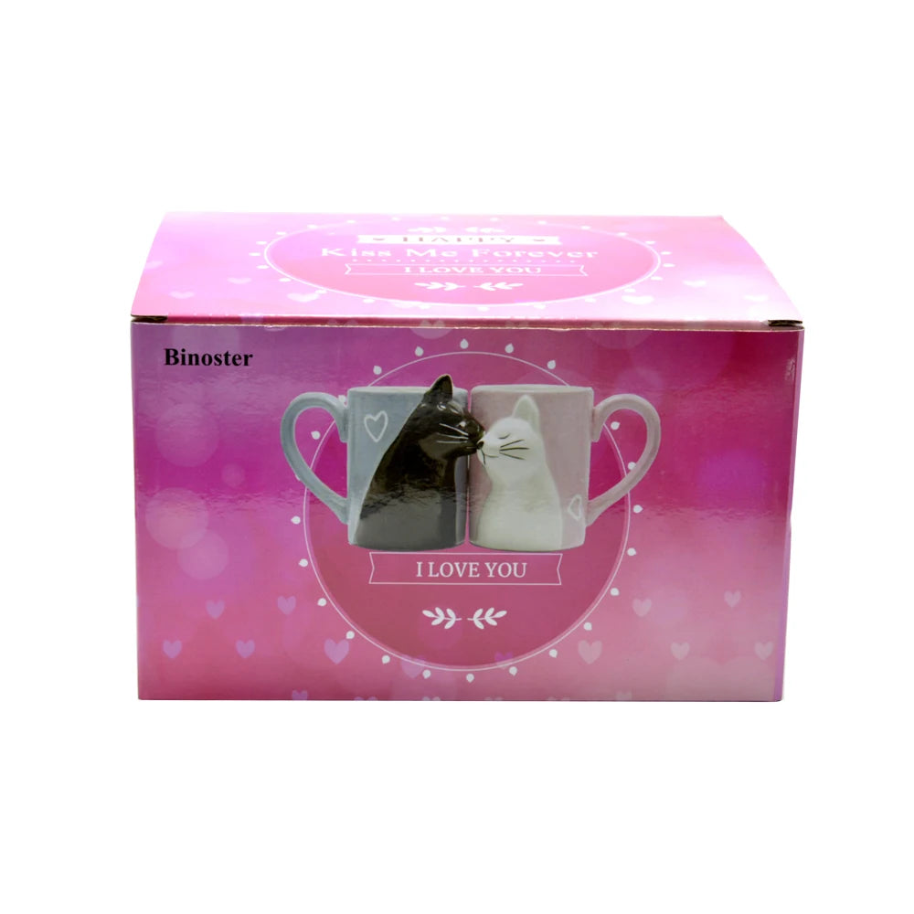 Two 3D ceramic cat couple mugs with kissing faces