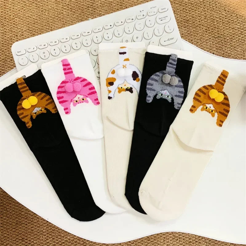 Cartoon cat and egg mid-calf socks for women in white and black