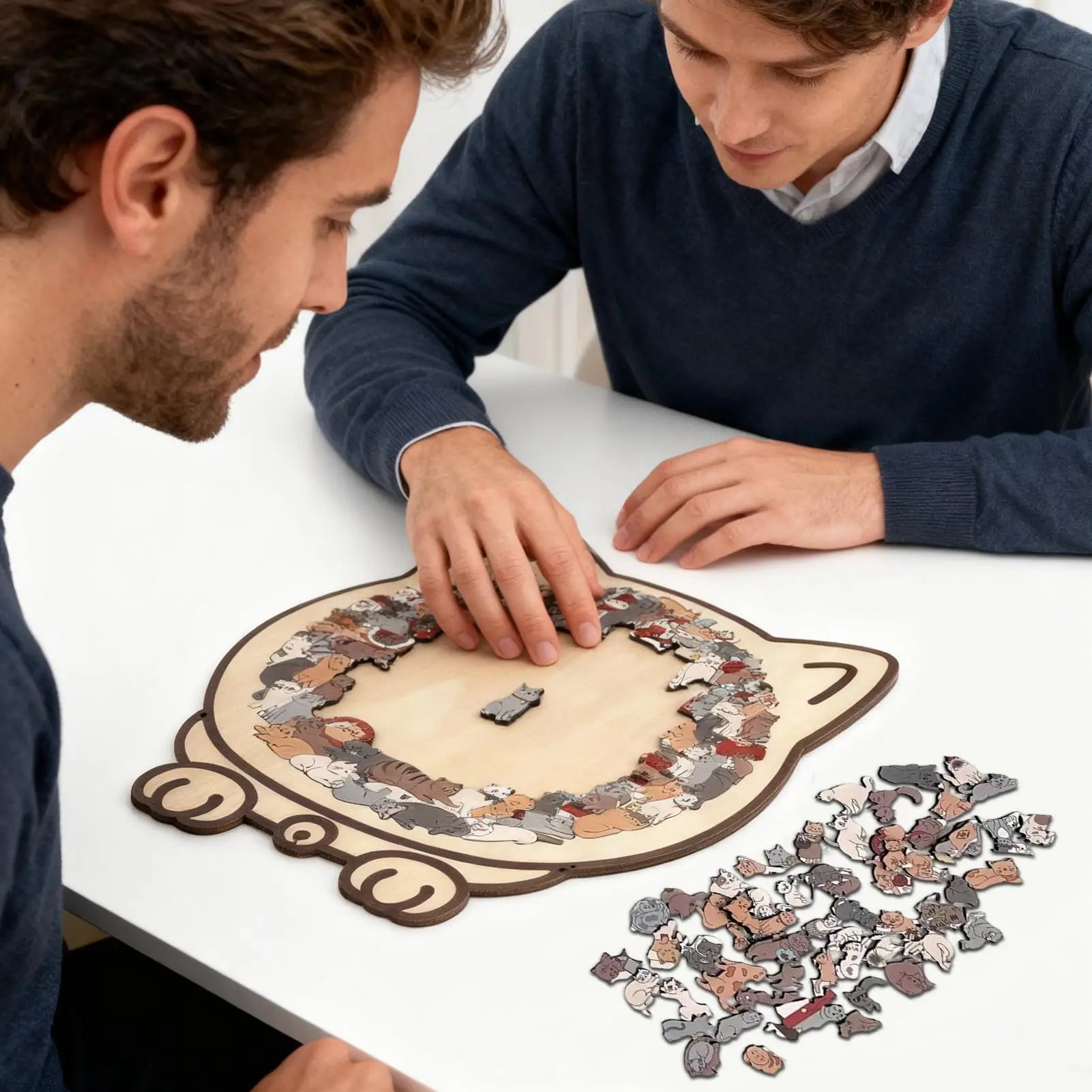 Cat-shaped wooden jigsaw puzzle with 135 unique pieces for cat lovers