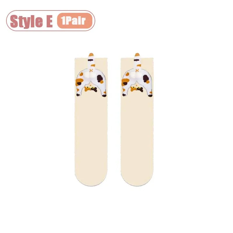 Cartoon Cat Egg Cozy Mid-Calf Socks for Women