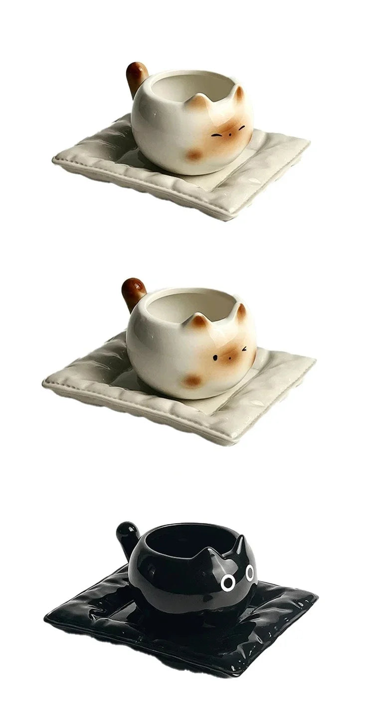 Siamese cat-shaped ceramic mug with tray for coffee or tea lovers