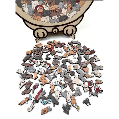 Cat-shaped wooden jigsaw puzzle with 135 unique pieces for cat lovers