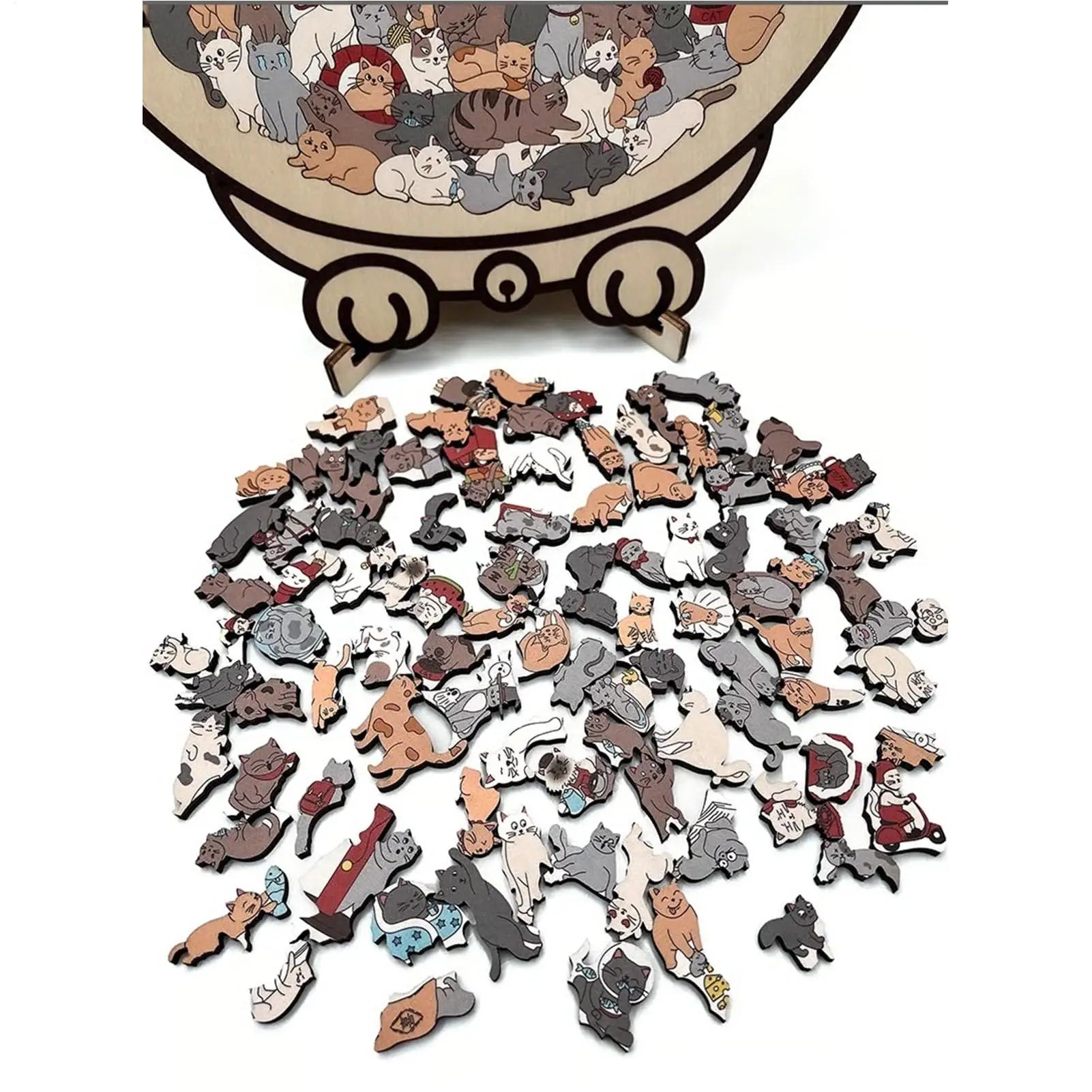 Cat-shaped wooden jigsaw puzzle with 135 unique pieces for cat lovers