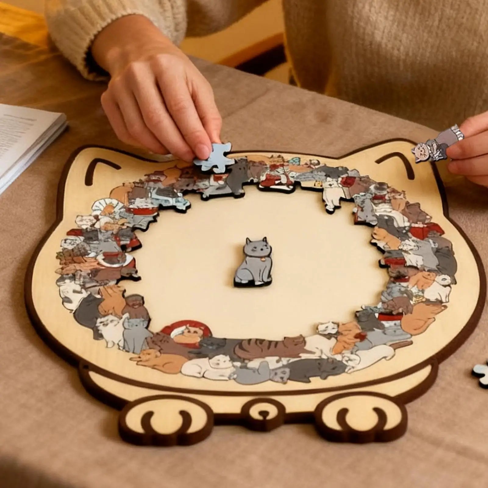 Cat-shaped wooden jigsaw puzzle with 135 unique pieces for cat lovers