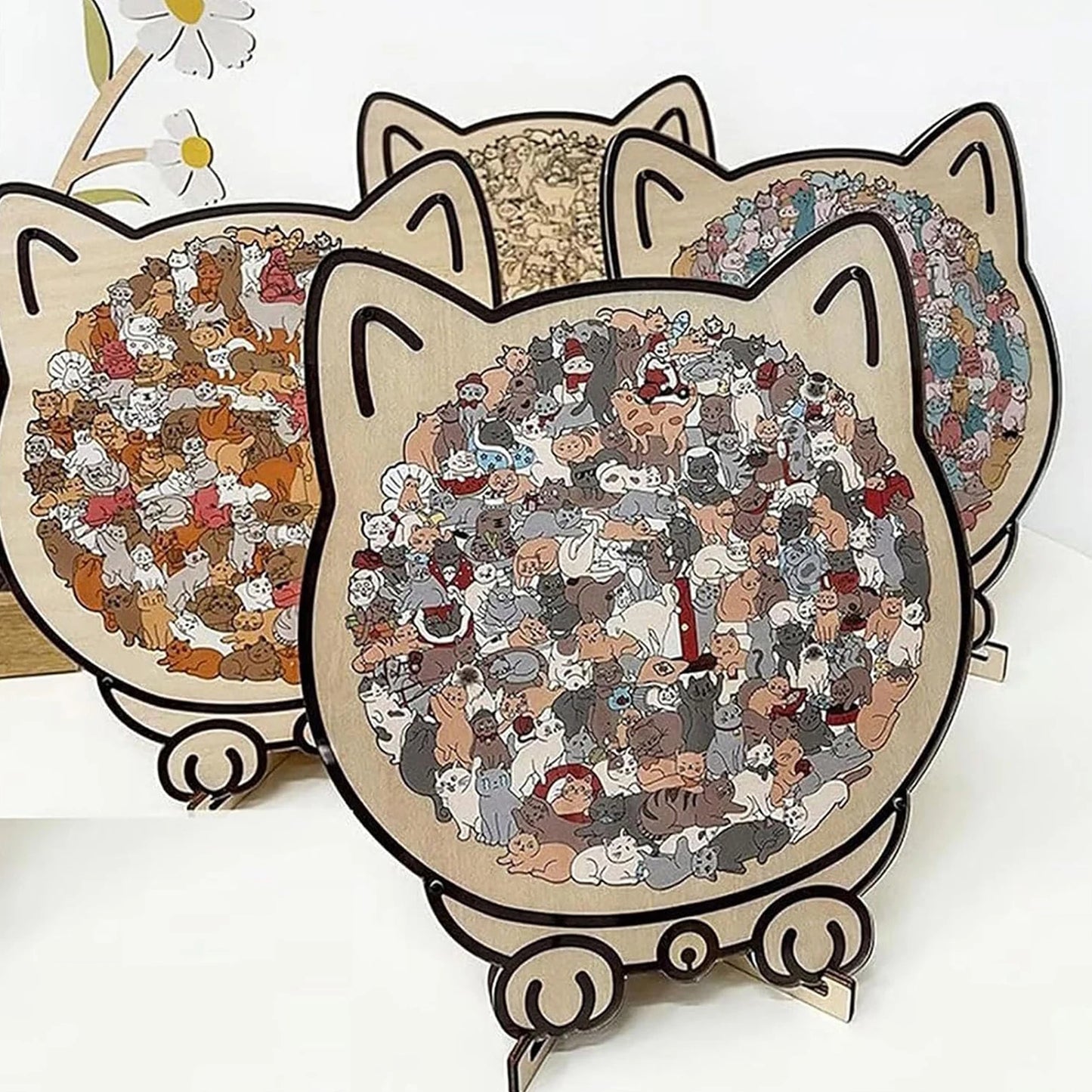 Cat-shaped wooden jigsaw puzzle with 135 unique pieces for cat lovers