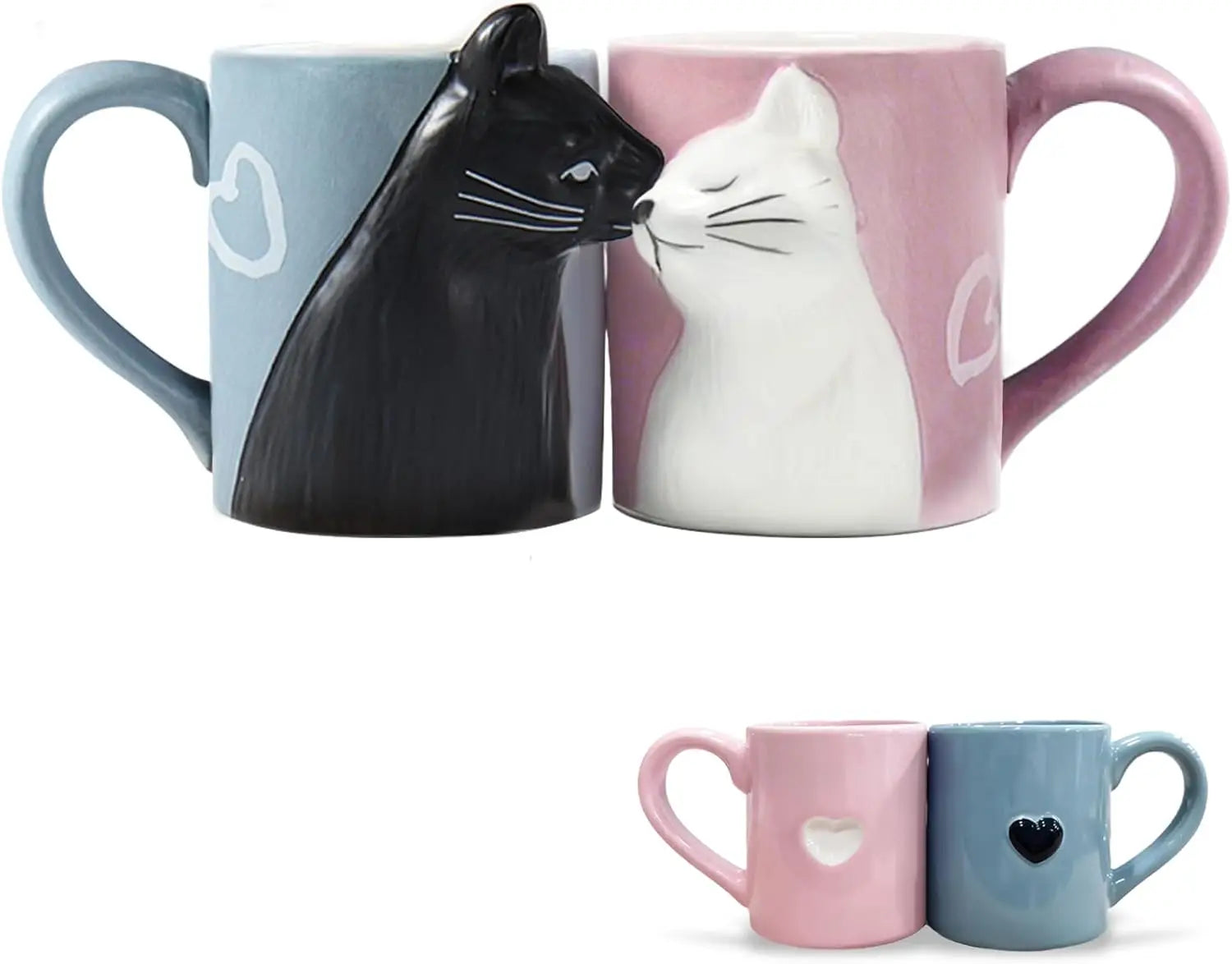 Two 3D ceramic cat couple mugs with kissing faces