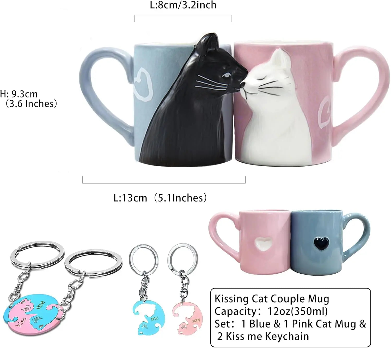 Two 3D ceramic cat couple mugs with kissing faces