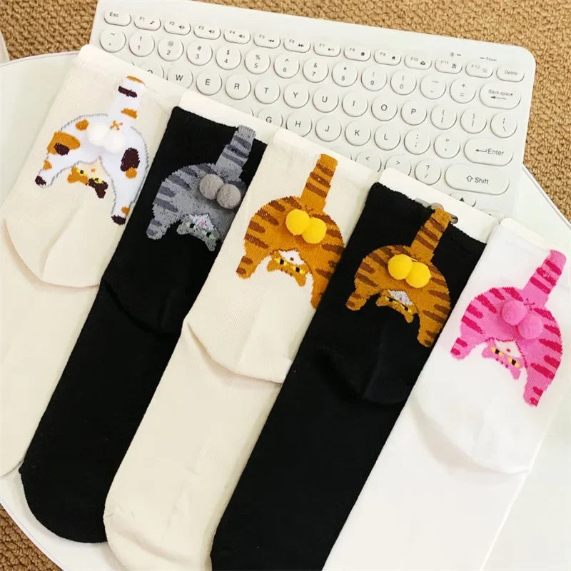 Cartoon cat and egg mid-calf socks for women in white and black