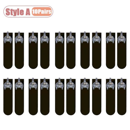 Cartoon cat and egg mid-calf socks for women in white and black