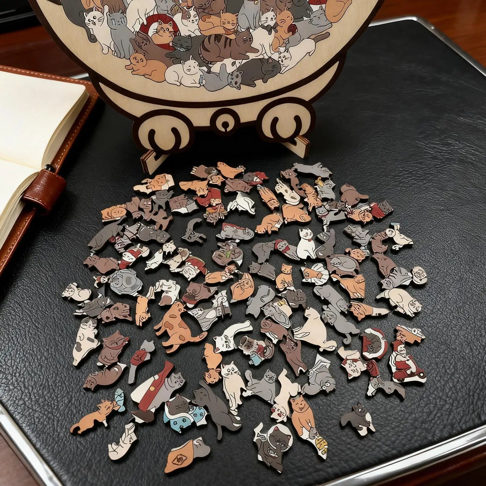 Cat-shaped wooden jigsaw puzzle with 135 unique pieces for cat lovers