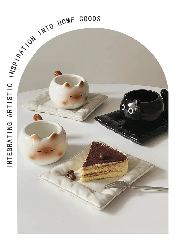 Siamese cat-shaped ceramic mug with tray for coffee or tea lovers
