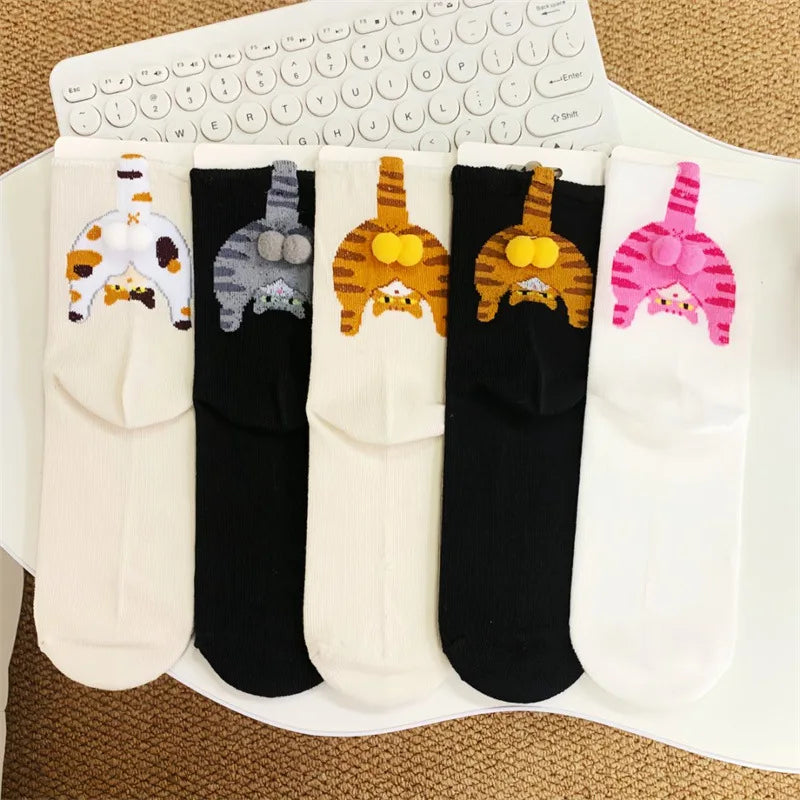 Cartoon cat and egg mid-calf socks for women in white and black