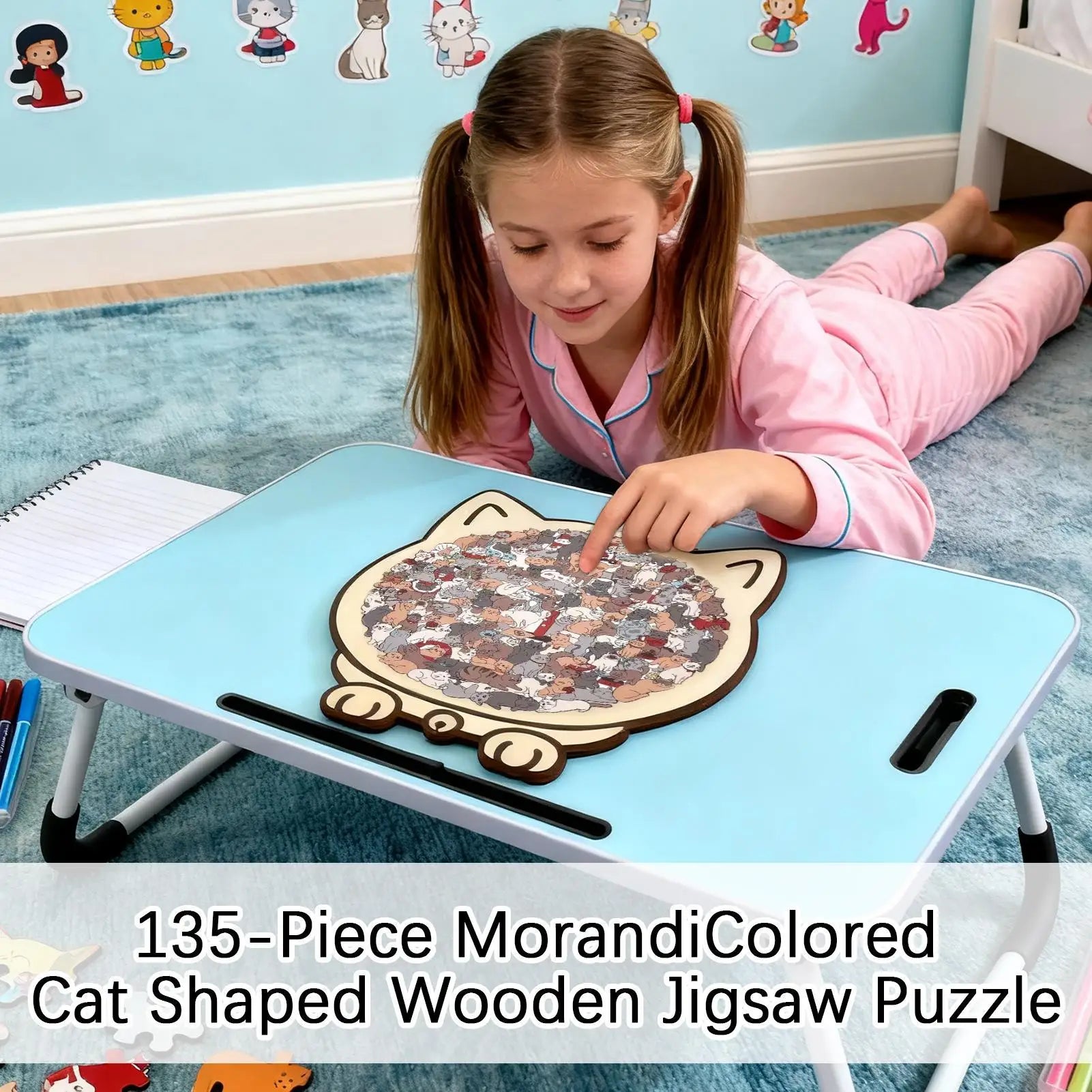 Cat-shaped wooden jigsaw puzzle with 135 unique pieces for cat lovers
