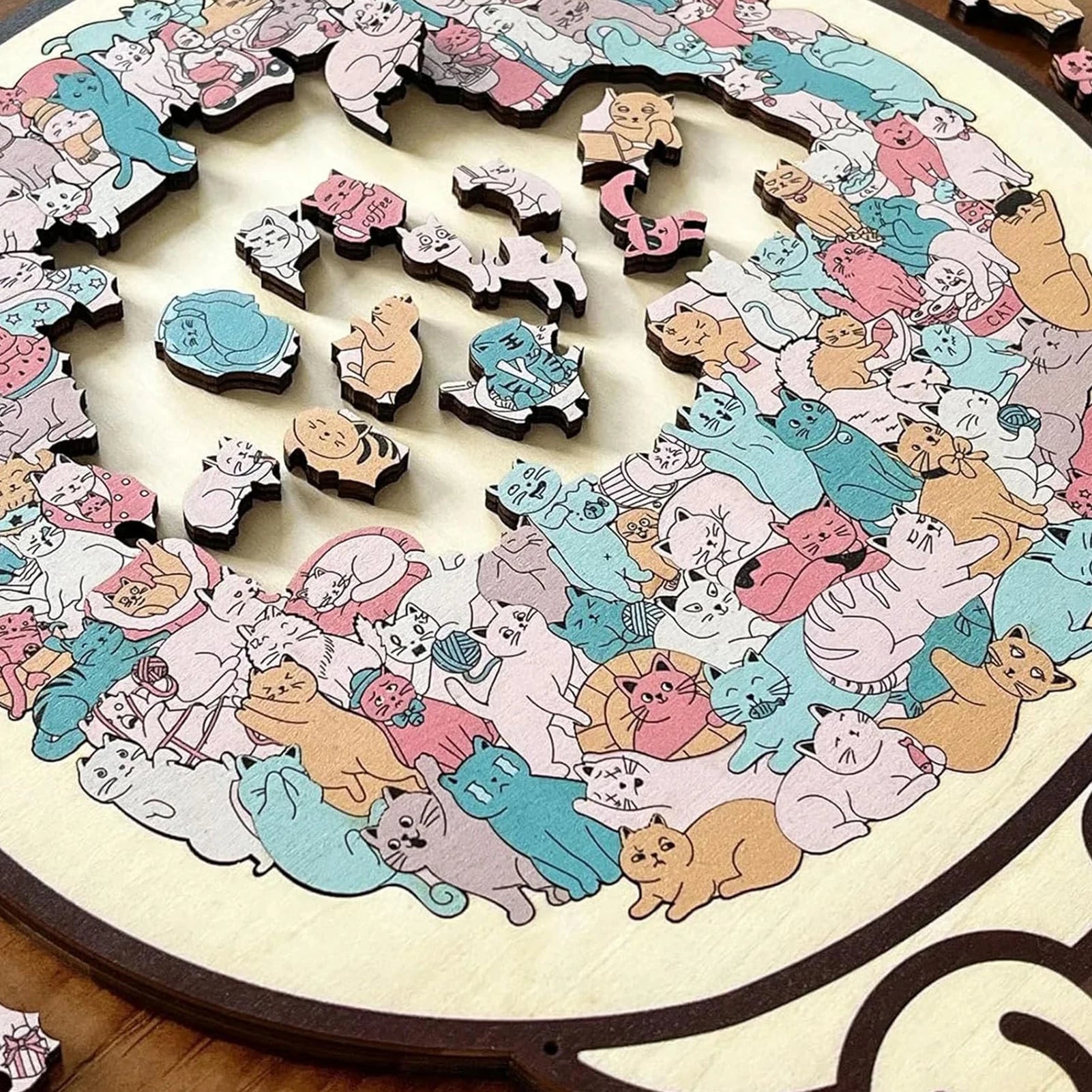 Cat-shaped wooden jigsaw puzzle with 135 unique pieces for cat lovers