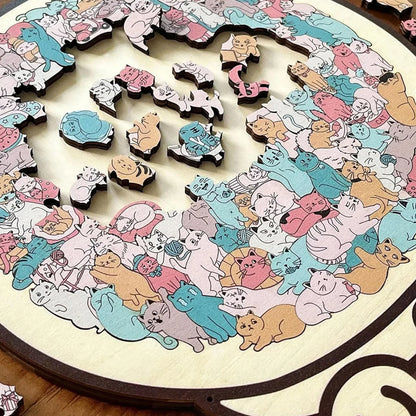 Cat-shaped wooden jigsaw puzzle with 135 unique pieces for cat lovers