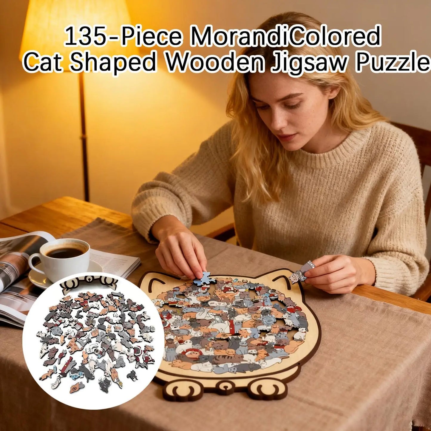 Cat-shaped wooden jigsaw puzzle with 135 unique pieces for cat lovers
