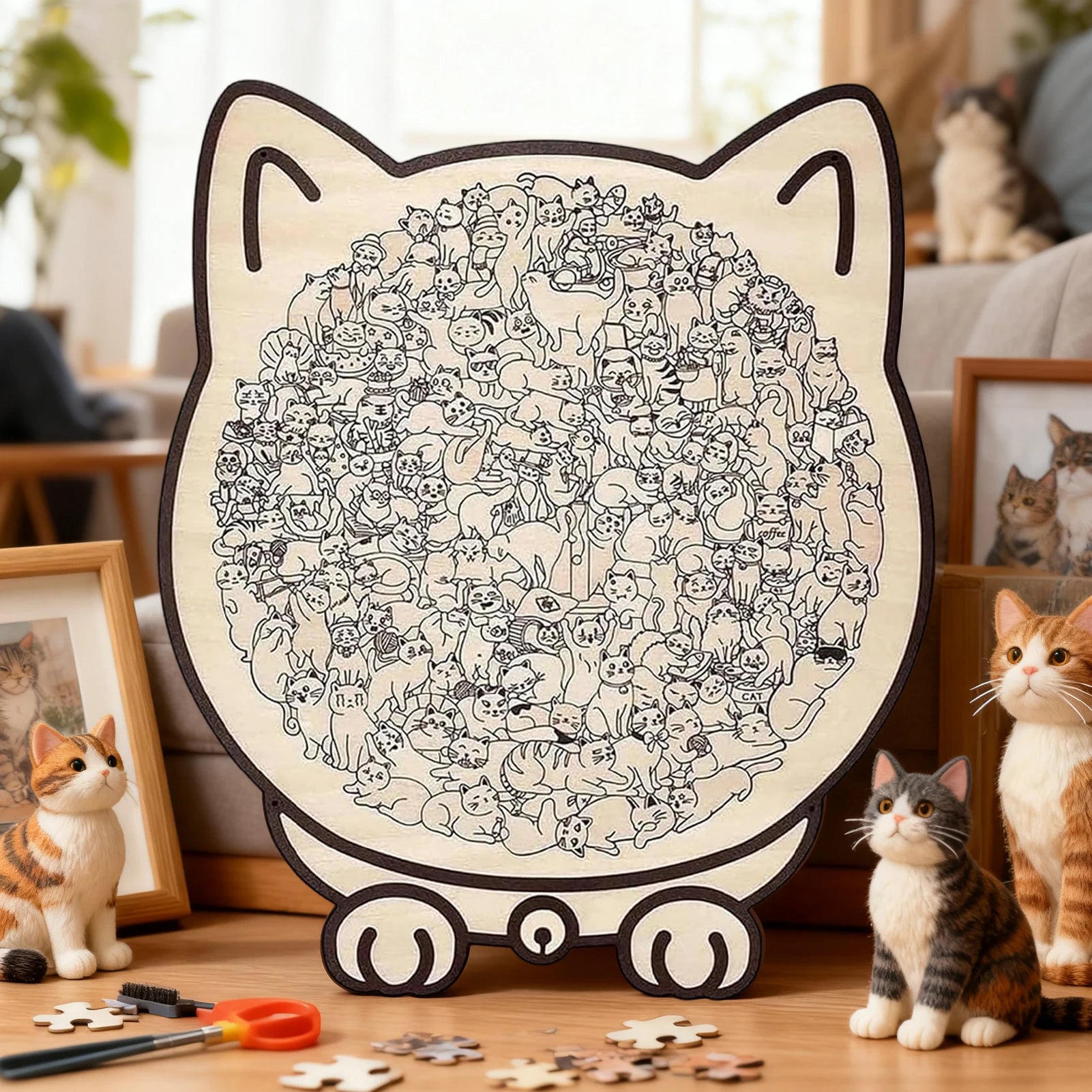 Cat-shaped wooden jigsaw puzzle with 135 unique pieces for cat lovers