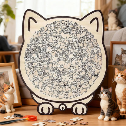 Cat-shaped wooden jigsaw puzzle with 135 unique pieces for cat lovers