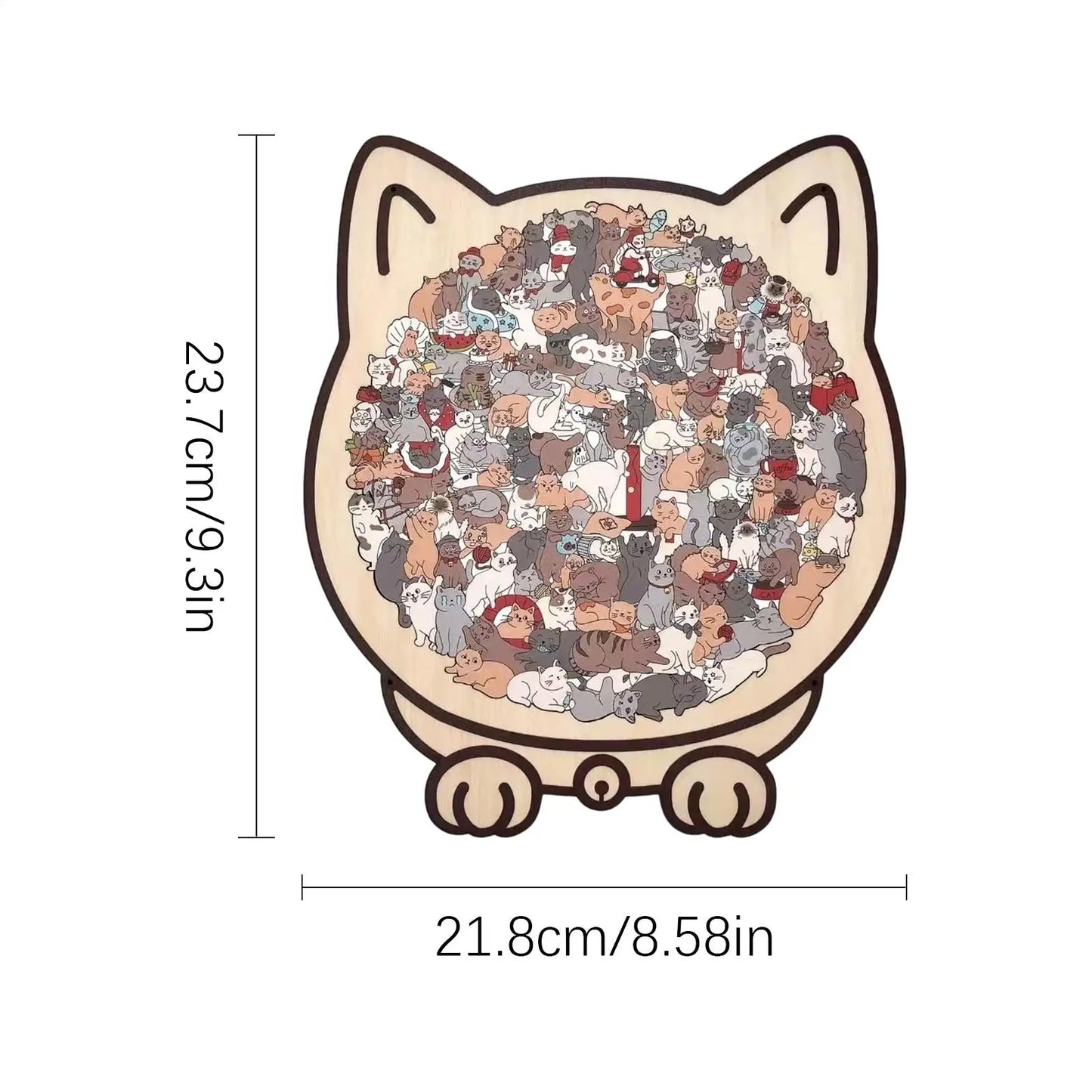 Cat-shaped wooden jigsaw puzzle with 135 unique pieces for cat lovers