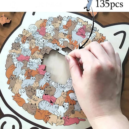 Cat-shaped wooden jigsaw puzzle with 135 unique pieces for cat lovers