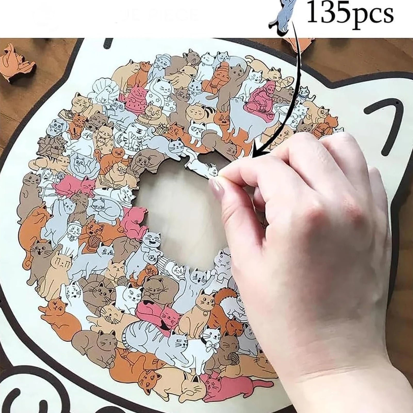 Cat-shaped wooden jigsaw puzzle with 135 unique pieces for cat lovers
