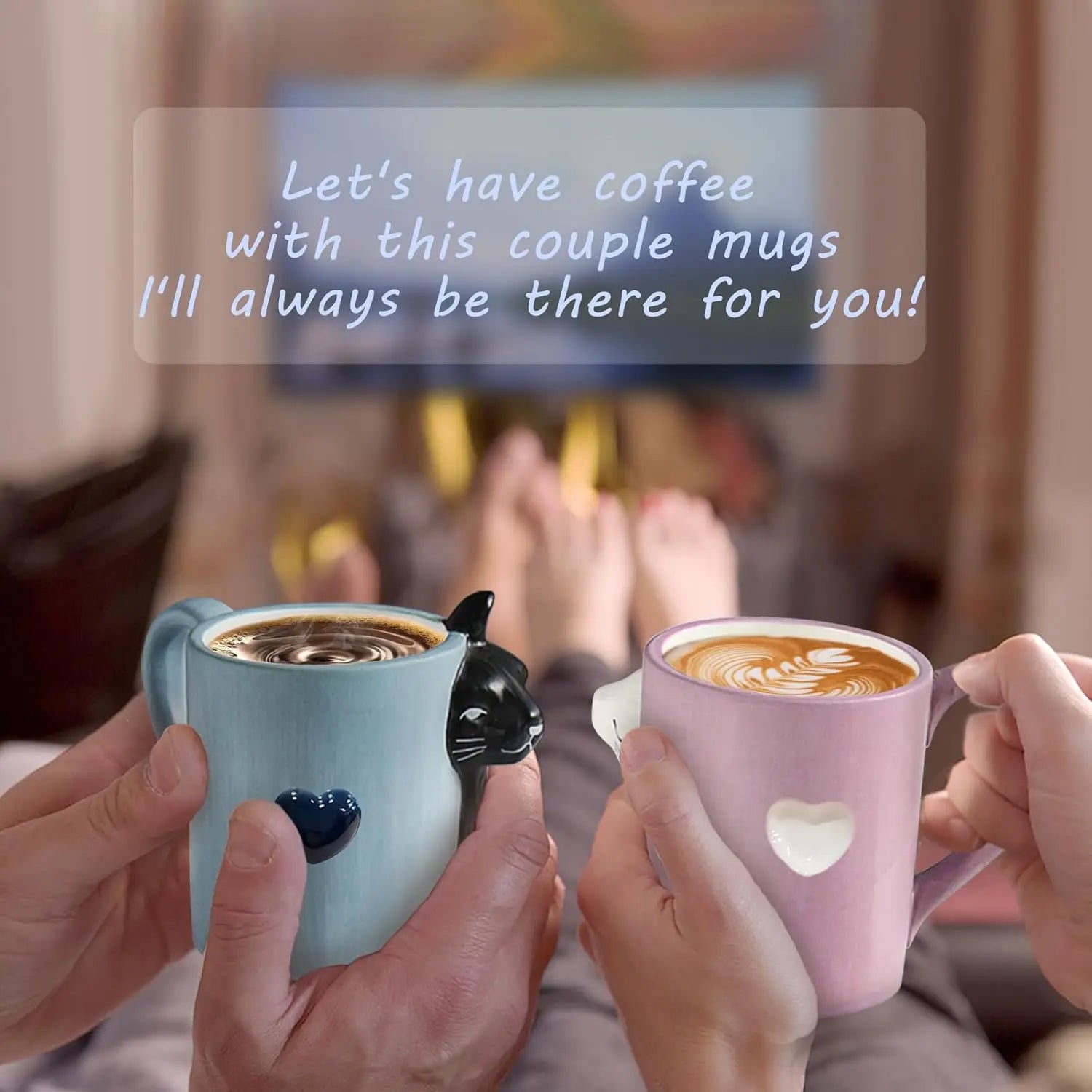 Two 3D ceramic cat couple mugs with kissing faces