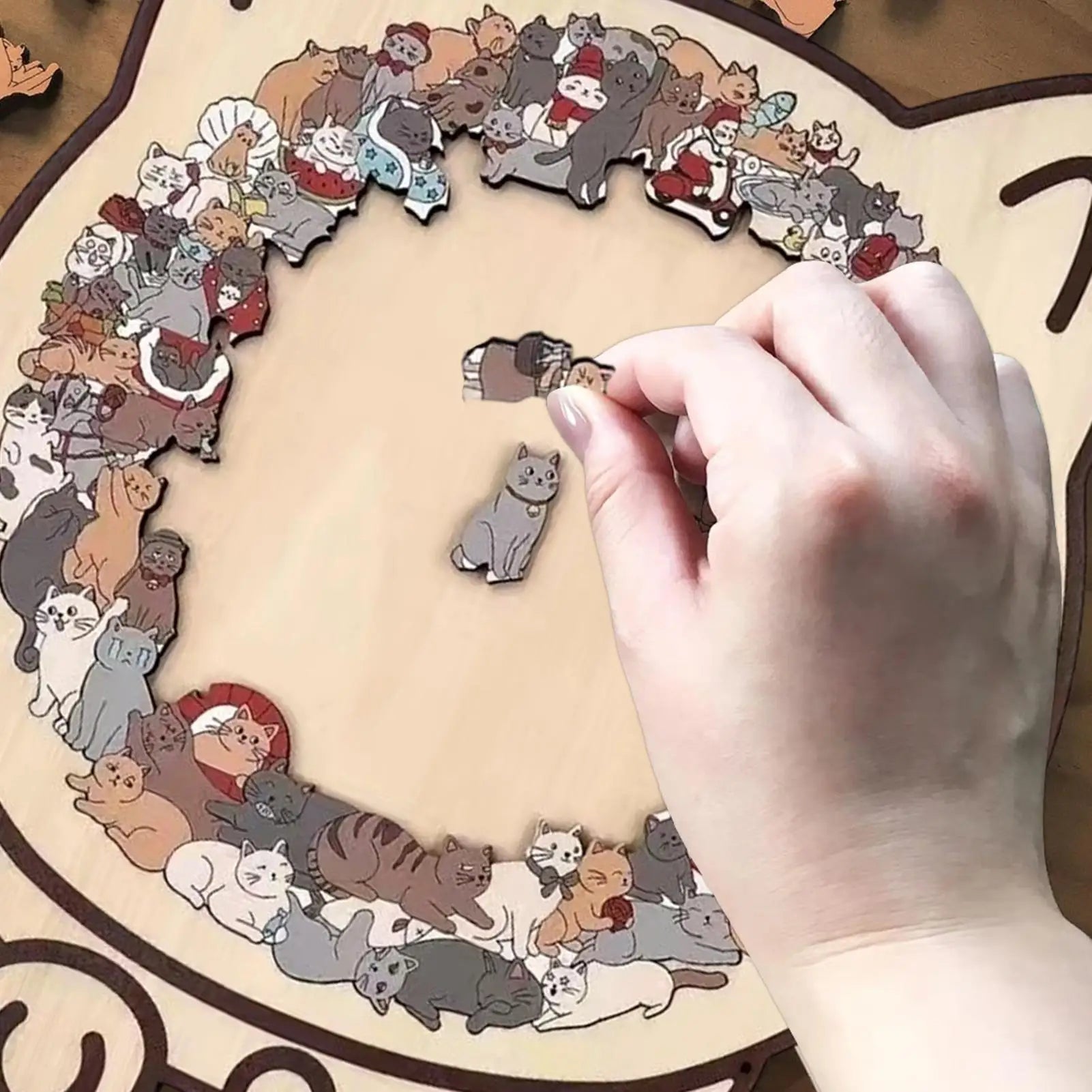 Cat-shaped wooden jigsaw puzzle with 135 unique pieces for cat lovers