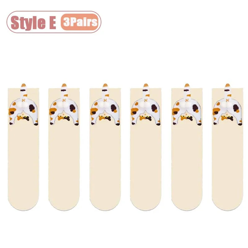 Cartoon cat and egg mid-calf socks for women in white and black