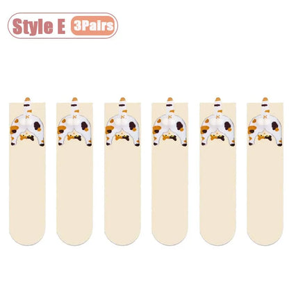 Cartoon cat and egg mid-calf socks for women in white and black