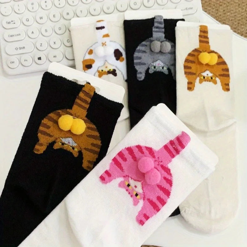 Cartoon cat and egg mid-calf socks for women in white and black