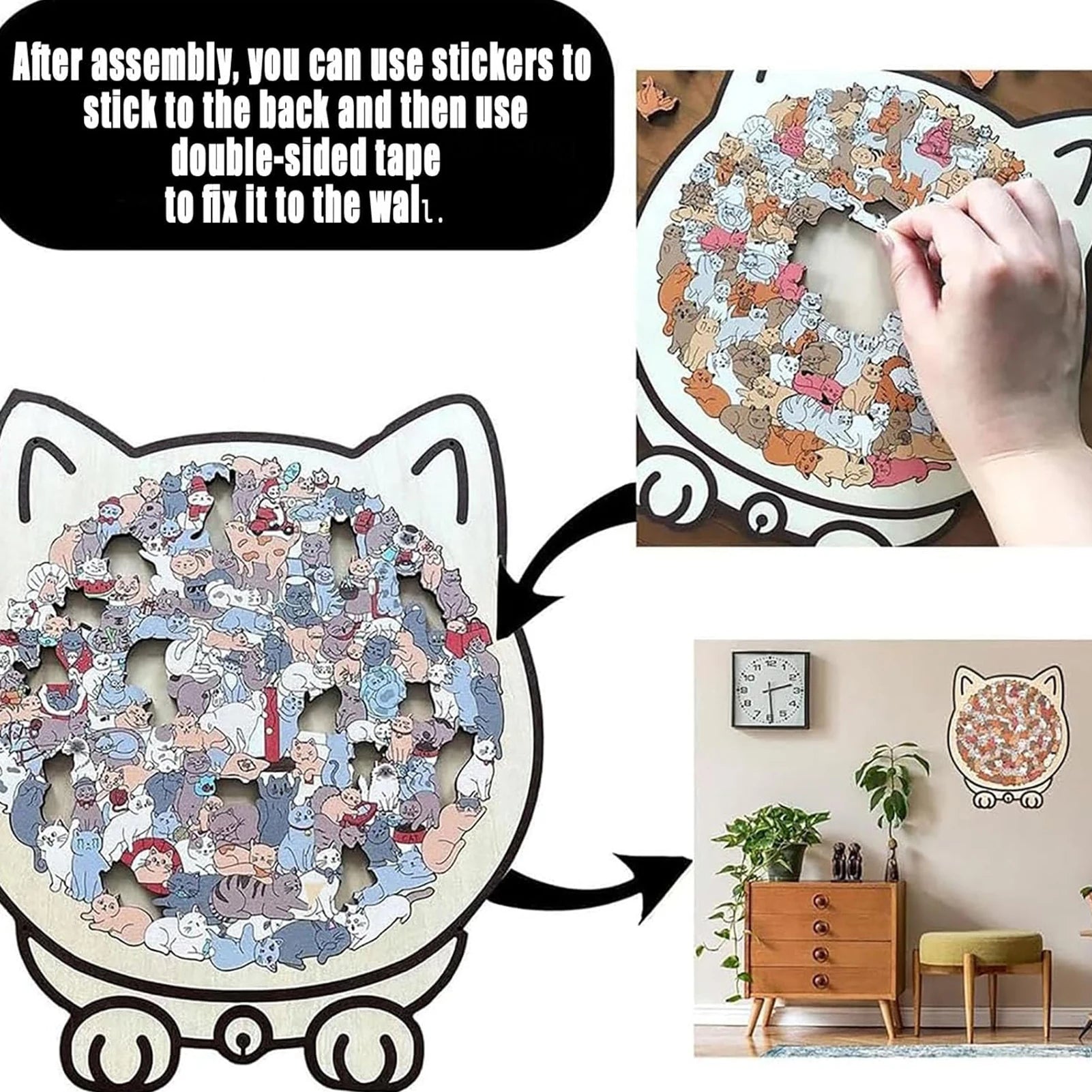 Cat-shaped wooden jigsaw puzzle with 135 unique pieces for cat lovers
