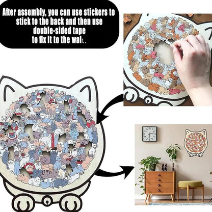 Cat-shaped wooden jigsaw puzzle with 135 unique pieces for cat lovers