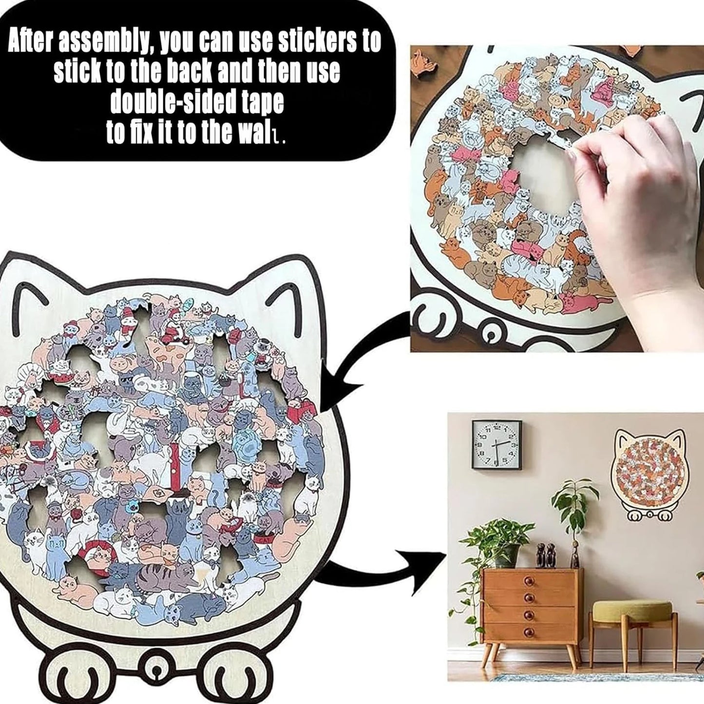 Cat-shaped wooden jigsaw puzzle with 135 unique pieces for cat lovers