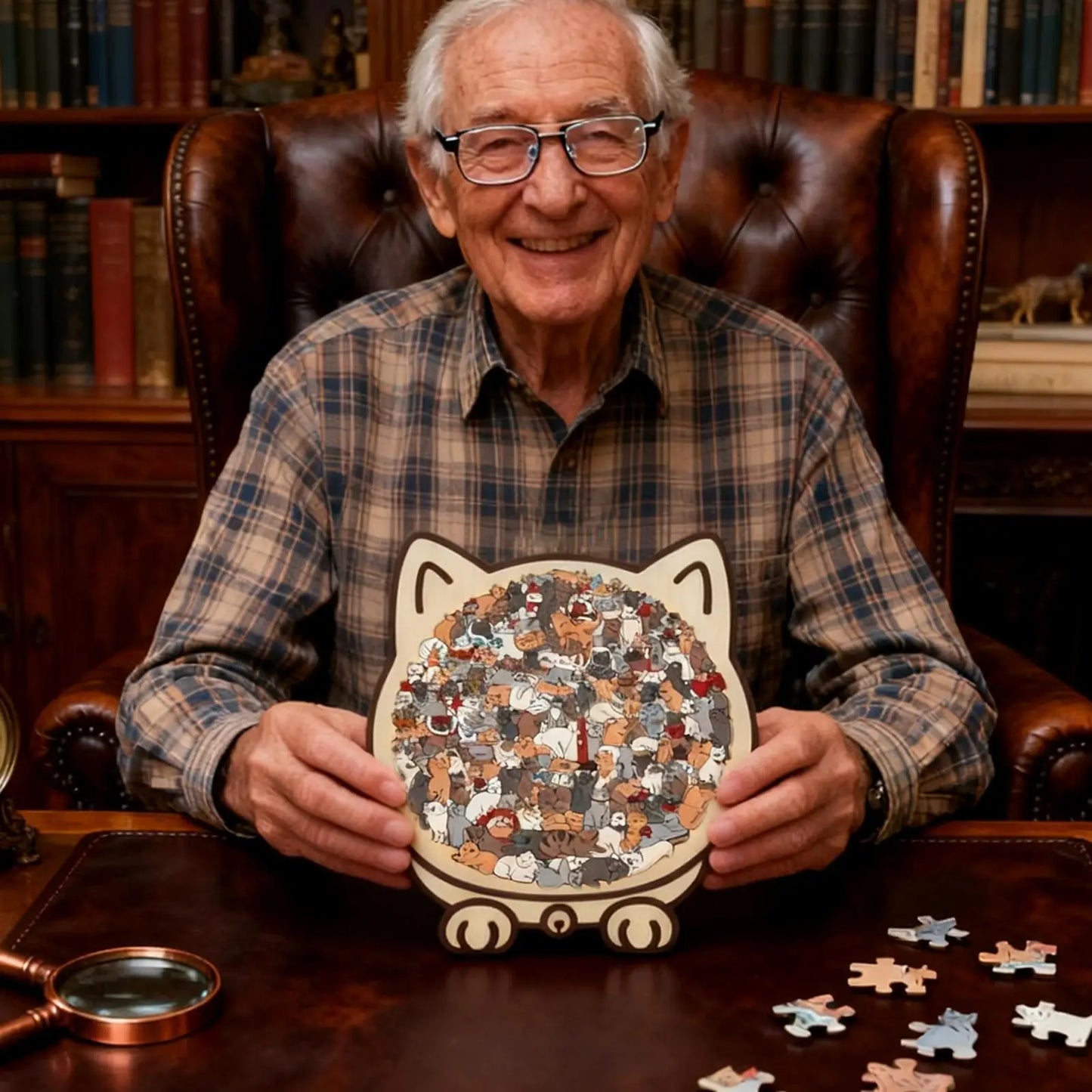 Cat-shaped wooden jigsaw puzzle with 135 unique pieces for cat lovers