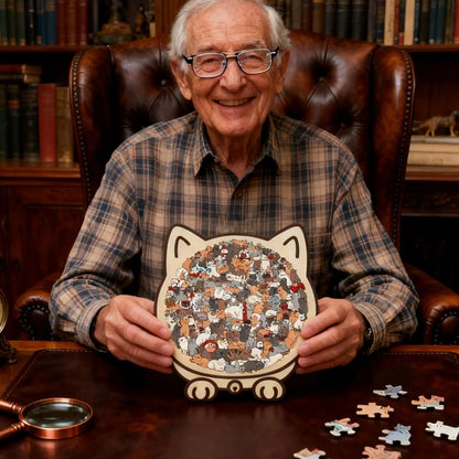Cat-shaped wooden jigsaw puzzle with 135 unique pieces for cat lovers