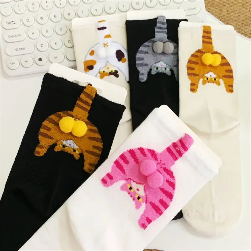 Cartoon cat and egg mid-calf socks for women in white and black