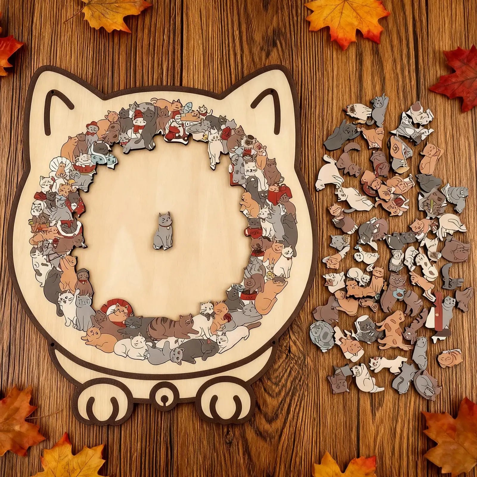 Cat-shaped wooden jigsaw puzzle with 135 unique pieces for cat lovers
