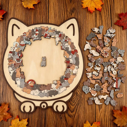 Cat-shaped wooden jigsaw puzzle with 135 unique pieces for cat lovers